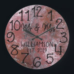 Rustic Personalized Distressed Rust Custom Große Wanduhr<br><div class="desc">Beautiful, unique, one-of-a-kind personalized design features a faux-rustic distressed vintage rust background with black personalized his and her names in a script font overlay design and the last name and year established in a bold script with a printed wood effect background. Personalize this clock by adding your personal information. Makes...</div>