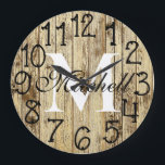 Rustic Personalized Monogram Wood Anniversary Große Wanduhr<br><div class="desc">Beautiful, einzigartig, one-of-a-kind personalized design feature a-rustic brown wood with black personalized name in a script machen overlay design and the last name monogram anfangs in a bold font with a printed wood effect background. Personalize this clock by adding your own personal information. Makes a great wedding, anniversary, or housewarming...</div>