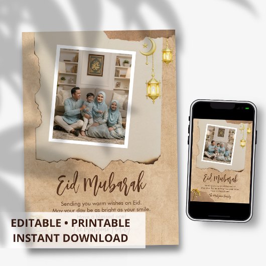 Rustic Photo Eid Mubarak Card with Family Photo Feiertagskarte