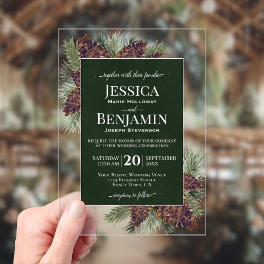 Rustic Pine Cones & Branches Stylish Text Wedding Acryleinladungen