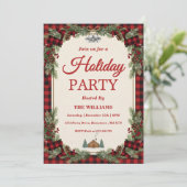 Rustic Pine & Plaid Holiday Party Einladung (Stehend Vorderseite)