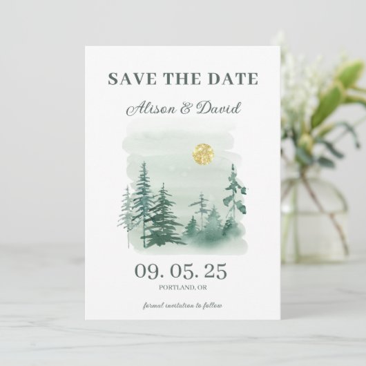 Rustic Pine Tree Photo Wedding Save the Date Einladung (Stehend Vorderseite)