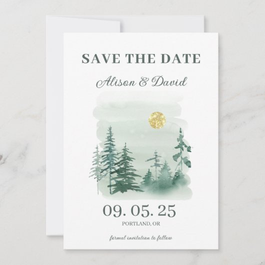 Rustic Pine Tree Winter Wedding Save the Date Einladung (Vorderseite)