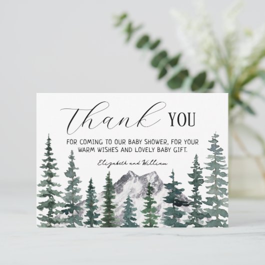 Rustic Pine Trees Baby Shower Thank You Card Dankeskarte (Stehend Vorderseite)