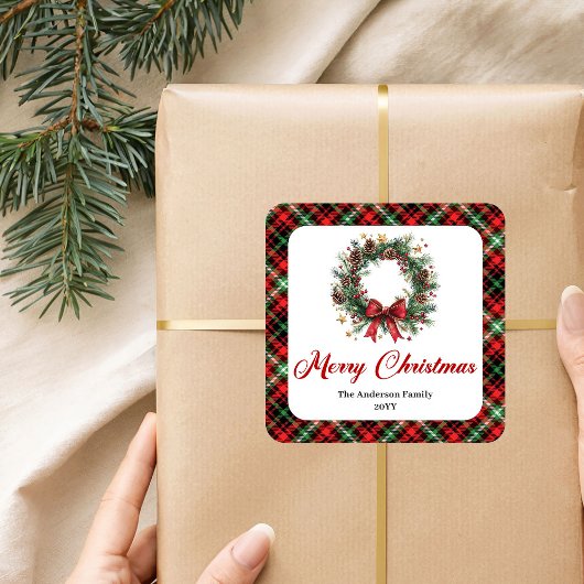 Rustic Pine Wreath Custom Name Christmas Stickers