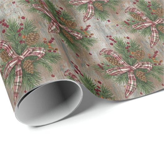 Rustic Pinecone Plaid Bow Christmas Wrapping Paper Geschenkpapier (Rolleneckpunkt)