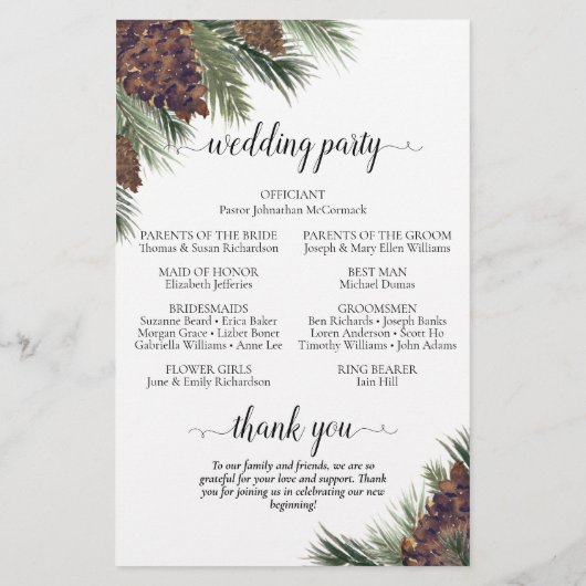 Rustic Pinecones Budget Hochzeitsprogramm (Rückseite)