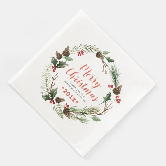 Rustic Pinecones & Green Folies Weihnachtskranz Serviette (Ecke)