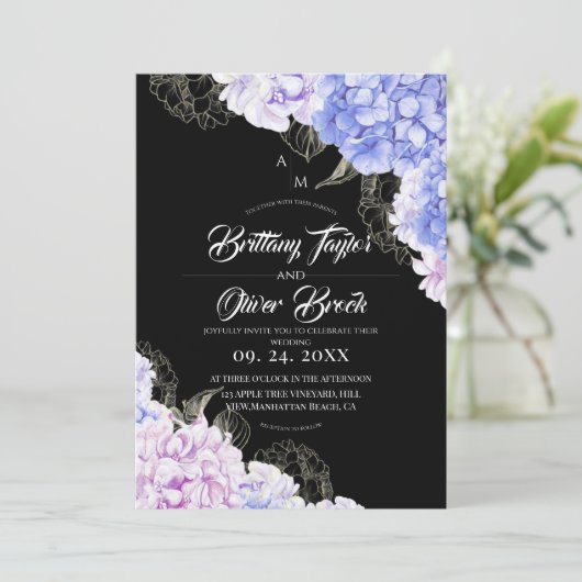 Rustic Pink & Blue Hydrangea Dark Wedding  Einladung (Stehend Vorderseite)