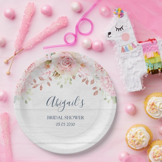 Rustic Pink Floral Spring Bridal Shower Pappteller (Party)