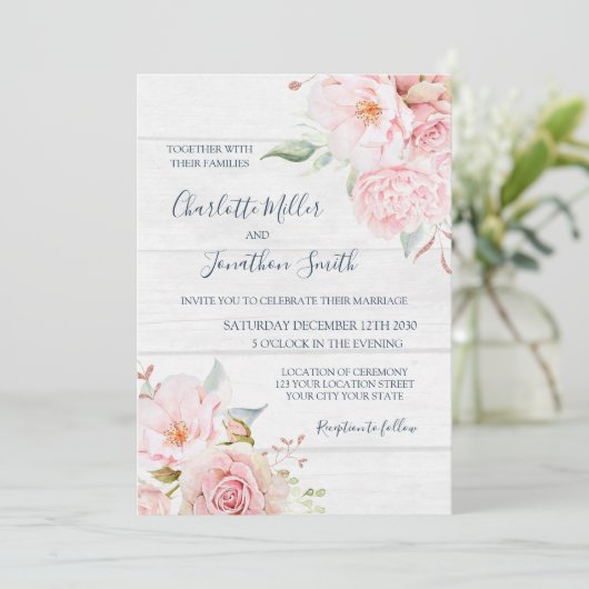 Rustic Pink Floral Spring Wedding Invitations Einladung (Stehend Vorderseite)