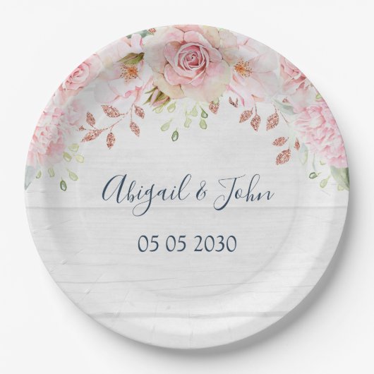 Rustic Pink Floral Spring Wedding Pappteller (Vorderseite)