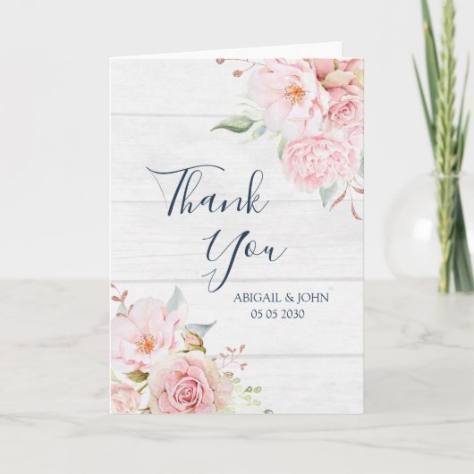 Rustic Pink Floral Spring Wedding Thank You Card Dankeskarte (Vorderseite)