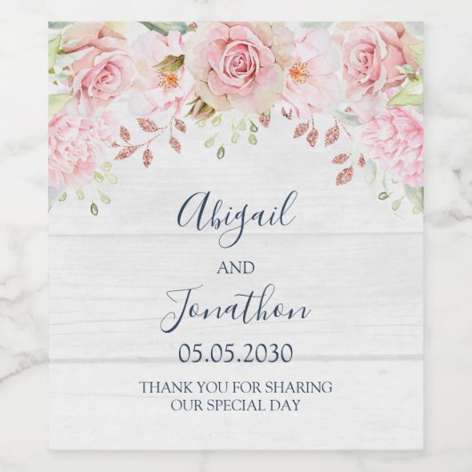 Rustic Pink Floral Spring Wedding Wine Label Weinetikett (Einzelnes Label)