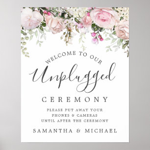 Rustic Pink Floral Unplugged Wedding Ceremony Sign Poster