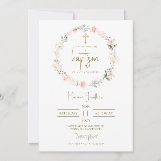Rustic Pink Flowers Baptism Text Einladung (Vorderseite)