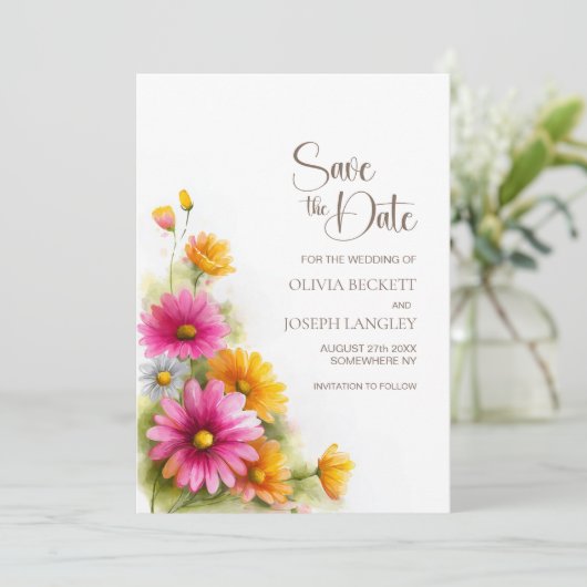 Rustic Pink Orange Floral Wedding Save the Date (Stehend Vorderseite)
