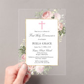 Rustic Pink Rose Floral First Holy Communion Acryleinladungen (Insitu (Handheld))