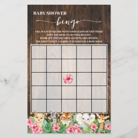 Rustic Pink Safari Animals Shower Bingo Game Card Flyer (Vorne)