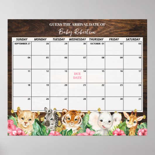 Rustic Pink Safari Baby Guess Due Date Calendar Poster (Vorne)