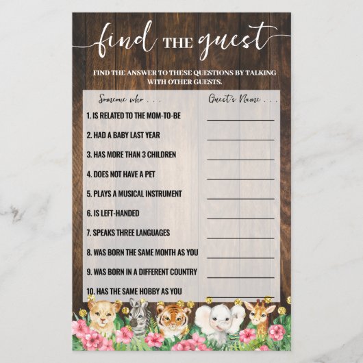 Rustic Pink Safari Find the Guest Shower Game Card Flyer (Vorne)