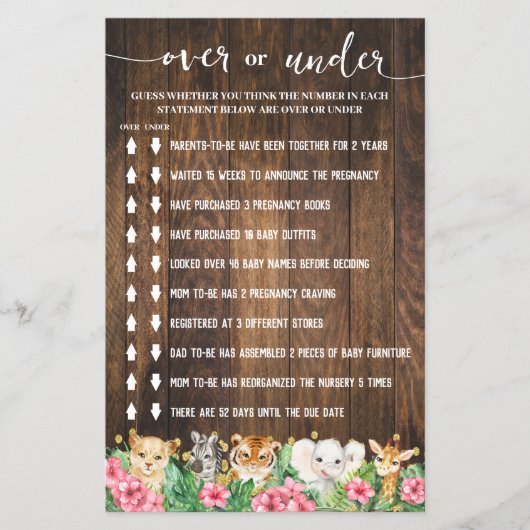 Rustic Pink Safari Over or Under Shower Game Card Flyer (Vorne)