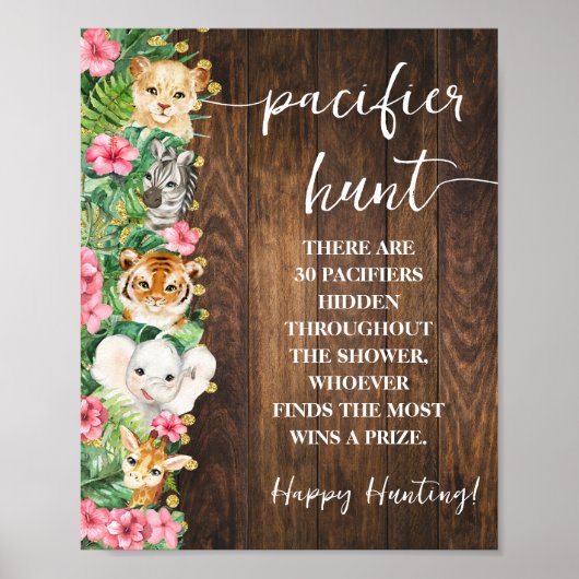 Rustic Pink Safari Pacifier Hunt Baby Shower Game Poster (Vorne)