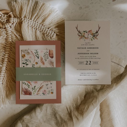 Rustic pink terracotta floral botanical wedding einladungsbanderole