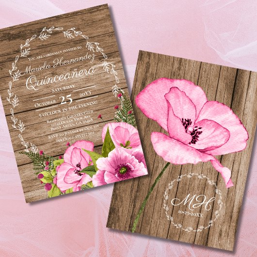 Rustic Pink Watercolor Poppies Quinceañera Einladung