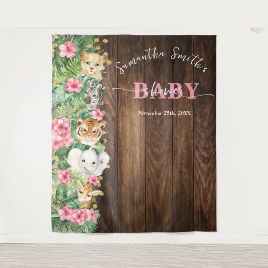 Rustic Pink Wild Safari Animal Welcome Baby Shower Wandteppich (Vorderseite)