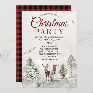 Rustic Plaid Forest Deer Owl Christmas Party Einladung