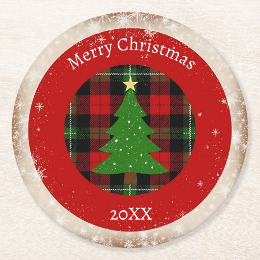 Rustic Plaid Snowflake  Runder Pappuntersetzer (Vorderseite)