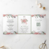 Rustic Poinsettia Weihnachtskerze QR Code Hochzeit Dreifach Gefaltete Einladung (Innenseite)