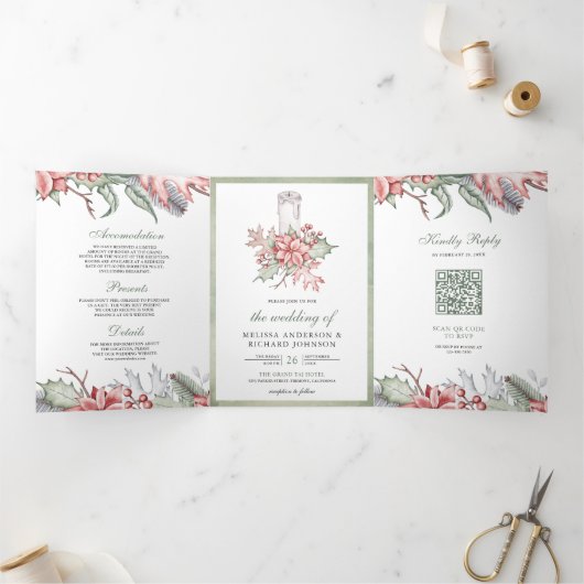 Rustic Poinsettia Weihnachtskerze QR Code Hochzeit Dreifach Gefaltete Einladung (Innenseite)