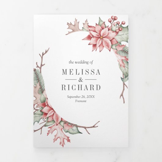 Rustic Poinsettia Weihnachtskerze QR Code Hochzeit Dreifach Gefaltete Einladung (Cover)