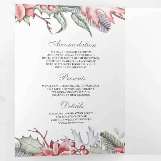 Rustic Poinsettia Weihnachtskerze QR Code Hochzeit Dreifach Gefaltete Einladung (Innen Erste Seite)