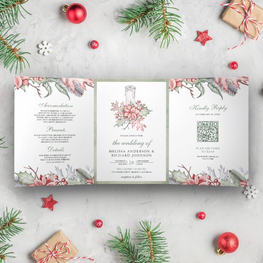 Rustic Poinsettia Weihnachtskerze QR Code Hochzeit Dreifach Gefaltete Einladung