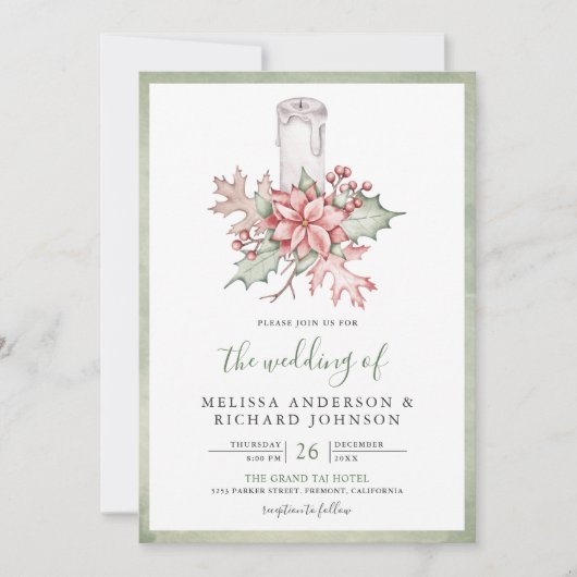 Rustic Poinsettia Weihnachtskerze QR Code Hochzeit Einladung (Vorderseite)