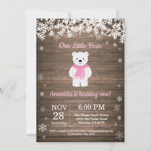 Rustic Polar Bear Winter Girl Birthday Invitation Einladung