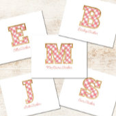 Rustic & Preppy "E" Pink Gingham on Wood Girly Mitteilungskarte
