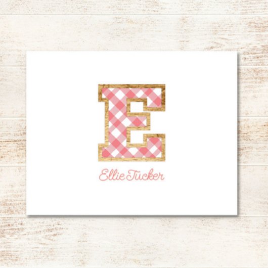 Rustic & Preppy "E" Pink Gingham on Wood Girly Mitteilungskarte
