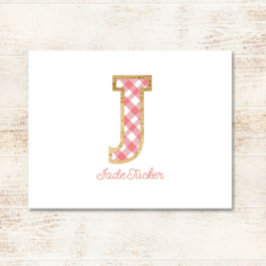 Rustic & Preppy "J" Pink Gingham on Wood Girly Mitteilungskarte