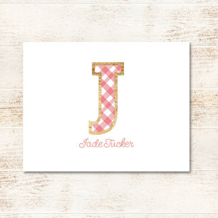 Rustic & Preppy "J" Pink Gingham on Wood Girly Mitteilungskarte