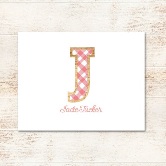 Rustic & Preppy "J" Pink Gingham on Wood Girly Mitteilungskarte