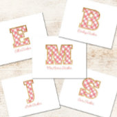 Rustic & Preppy "J" Pink Gingham on Wood Girly Mitteilungskarte