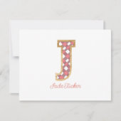 Rustic & Preppy "J" Pink Gingham on Wood Girly Mitteilungskarte (Vorderseite)