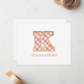 Rustic & Preppy "K" Pink Gingham on Wood Girly Mitteilungskarte (Vorderseite/Rückseite Beispiel)