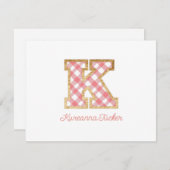 Rustic & Preppy "K" Pink Gingham on Wood Girly Mitteilungskarte (Vorne/Hinten)