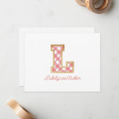 Rustic & Preppy "L" Pink Gingham on Wood Girly Mitteilungskarte (Vorderseite/Rückseite Beispiel)