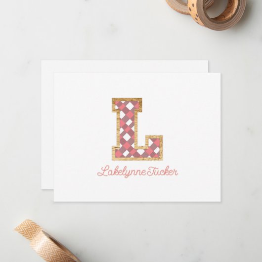 Rustic & Preppy "L" Pink Gingham on Wood Girly Mitteilungskarte (Vorderseite/Rückseite Beispiel)